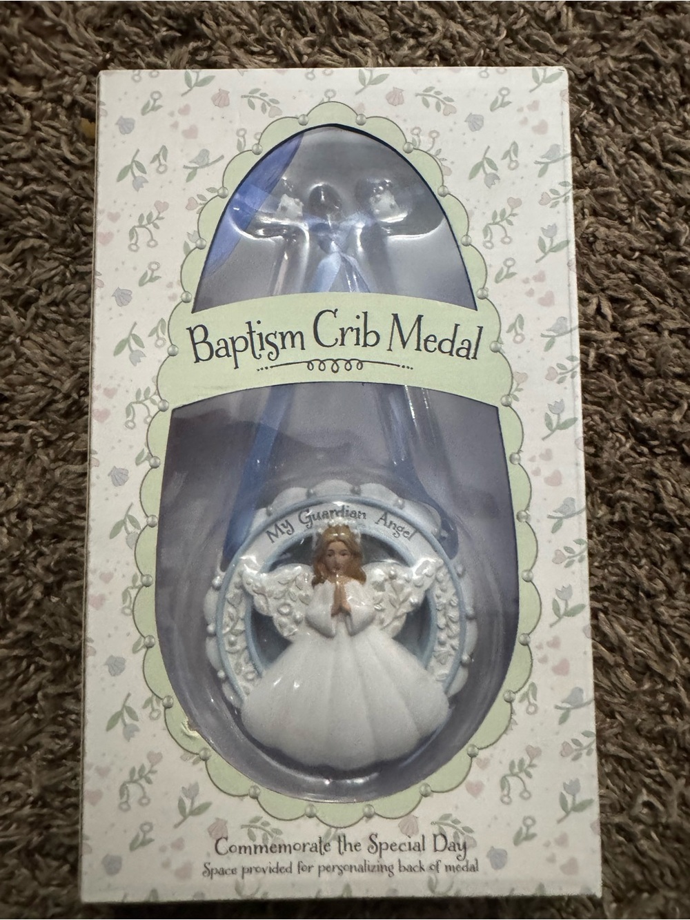 Baptism Crib Medal with Blue Ribbon - Guardian Angel
